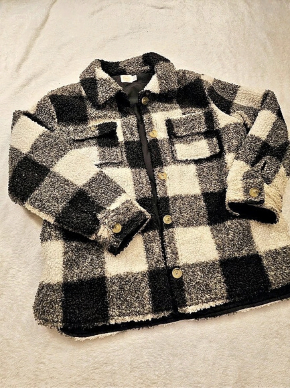 Wonder Nation Faux Sherpa Plaid Shacket Black & White Girls XL (14-16)